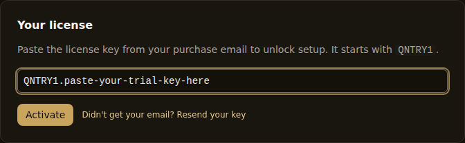 Paste the key from your email and the app unlocks.