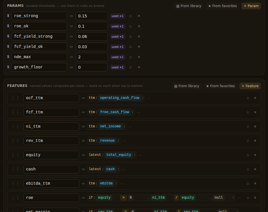 The template in the visual builder — every threshold is a named parameter, not a magic number.